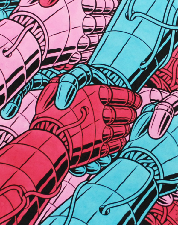 An illustration of several robotic hands shaking and interlocking. The mechanical limbs are rendered in bold red, blue and pink with heavy black outlines.