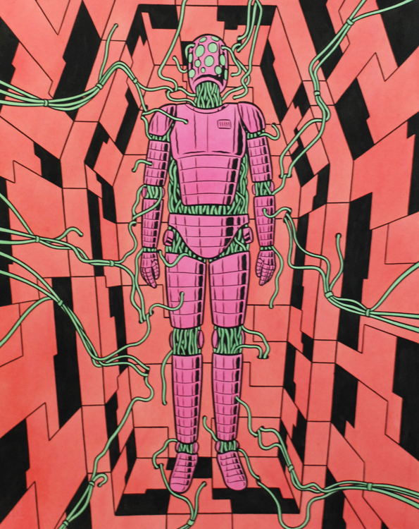 An illustration of a pink robotic figure standing in a geometric, red-toned corridor. Green cables wind around the figure and extend into the surrounding walls.