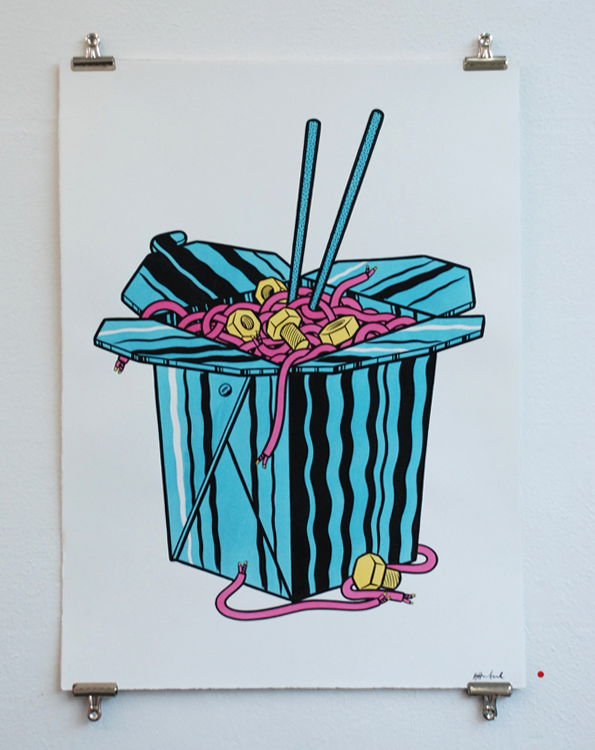 An illustration of a blue and black striped takeaway box filled with pink noodles and yellow nuts. Two chopsticks stand upright, while a pink snake-like noodle curls out from the side and across the bottom.