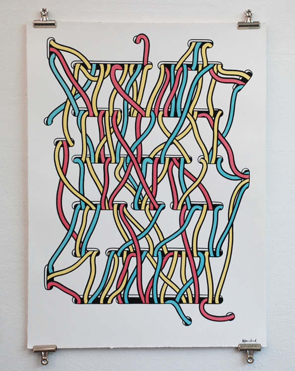 An illustration of a dense, tangled web of thick, colourful lines in pink, yellow and blue. The lines weave over and under each other, creating a complex, organic structure against a plain white background.