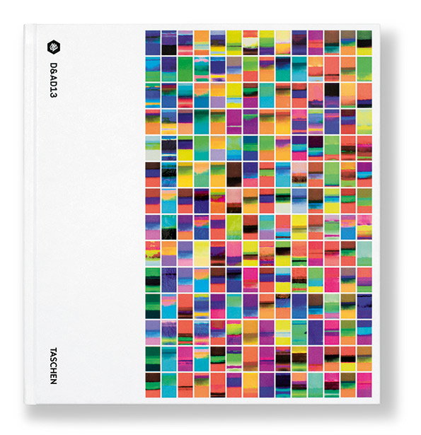 The cover of a white book features a grid of small, colourful abstract rectangles. Text on the left edge reads “D&AD13” and “Taschen”.