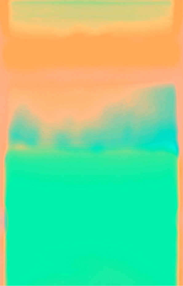 An abstract digital image featuring blurred bands of colour. Bright orange and yellow tones at the top transition into a soft blue and a vibrant green field below.