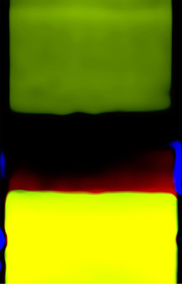 An abstract image featuring two glowing rectangular blocks of colour separated by a thick black band. The top block is a muted lime green, while the bottom block is a vibrant yellow with a deep red blur along its top edge.