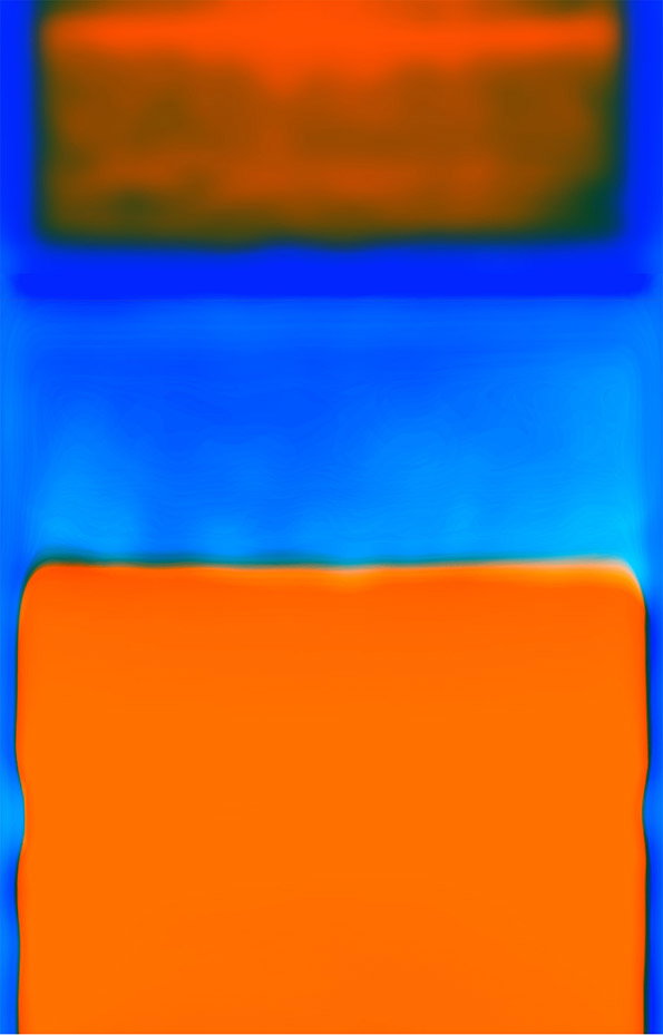 An abstract image featuring blurred blocks of vibrant colour. A large orange rectangle sits at the bottom, separated from a smaller, darker orange rectangle at the top by a wide band of bright blue.