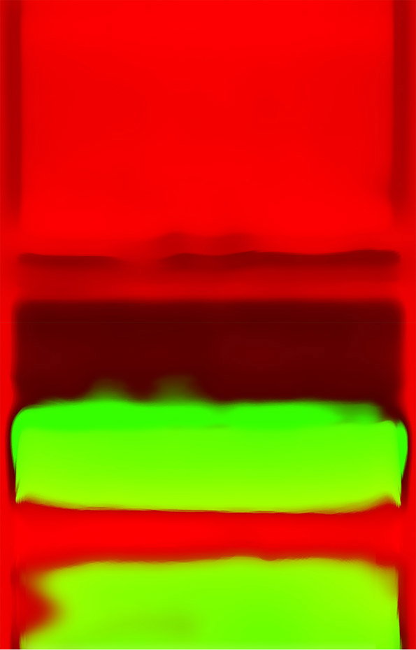 An abstract digital image featuring bold, horizontal bands of colour. A large field of vibrant red dominates the top, contrasted by two bright lime green stripes below.