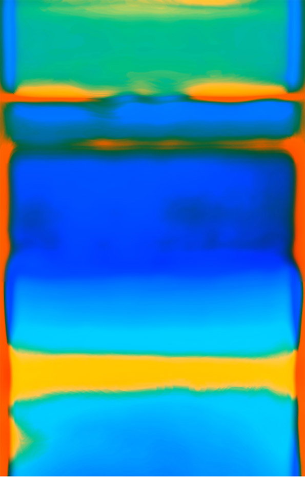 An abstract composition of blurred, horizontal bands of colour. Vibrant shades of blue, green and yellow bleed into one another with soft, rounded edges.
