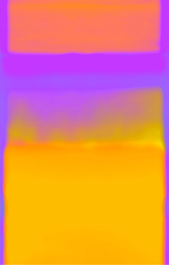 An abstract composition of blurred, glowing colours. A bright orange rectangle sits at the top, separated by a vivid purple band from a larger yellow and purple gradient below.