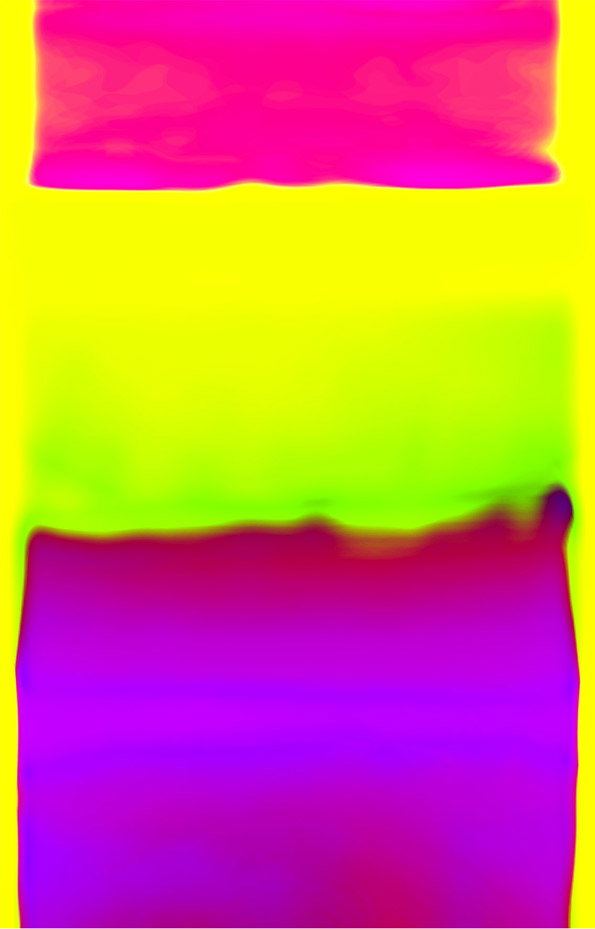 An abstract composition of three horizontal bands of colour. A bright pink block sits at the top, followed by a neon yellow section and a larger purple block at the bottom.