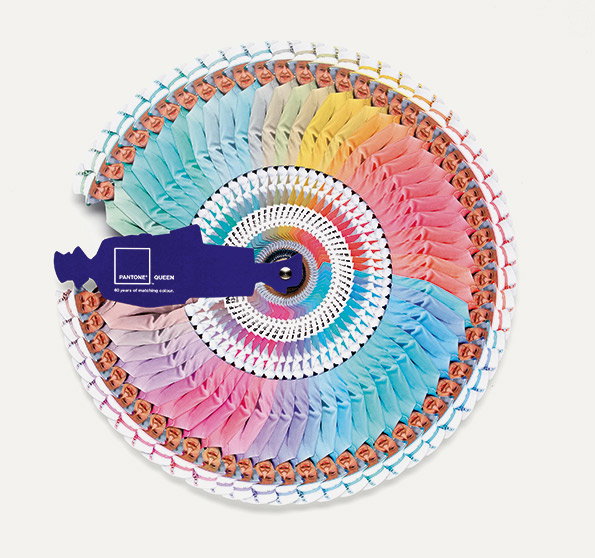 A circular Pantone colour fan featuring a spectrum of pastel shades. A purple tab on the left reads “Pantone Queen” and “60 years of matching colour.”