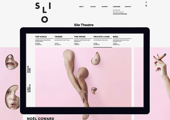 A tablet displays the website for Silo Theatre, featuring a pink background and a surreal collage of body parts. A navigation bar at the top lists plays including “Top Girls”, “Tribes” and “Private Lives”.