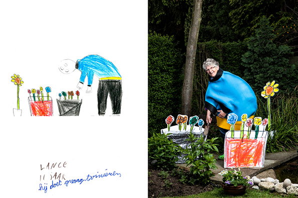 A side-by-side image shows a child’s drawing and a real-life recreation of it. On the left, a sketch shows a figure in a blue top and black trousers tending to potted flowers. On the right, a person wears a large, sculptural blue garment to mimic the drawing's figure in a garden.