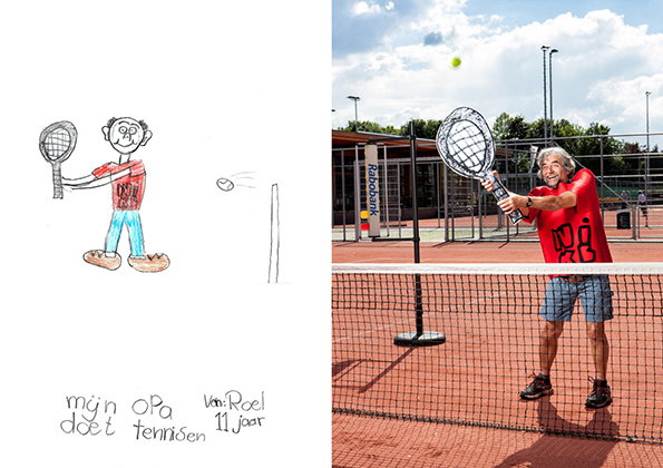 A side-by-side comparison of a child’s drawing and a photograph of a person playing tennis. The drawing shows a figure with a racket and the handwritten text “mijn opa doet tennissen” and “van: Roel 11 jaar”. The photo shows an older person in a red T-shirt and blue shorts hitting a tennis ball on a red clay court.
