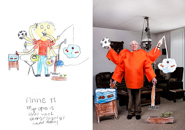 A side-by-side comparison shows a child’s drawing and a photograph of a person recreating it. In both, a figure in an orange top has multiple arms holding a football, a fishing rod and other household objects. The drawing includes handwritten text that reads “Anne 11” and a short note in Dutch.