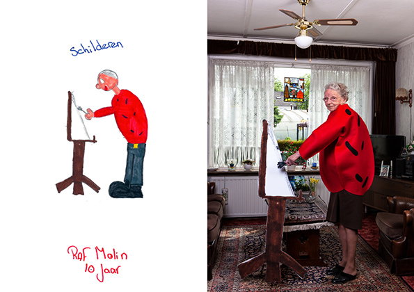 A side-by-side comparison of a child's drawing and a photograph. On the left, a drawing of a person in a red top painting at an easel, with the handwritten text “Schilderen” and “Raf Molin 10 jaar”. On the right, a person recreates the drawing in a living room, wearing a red top and standing at a wooden easel.