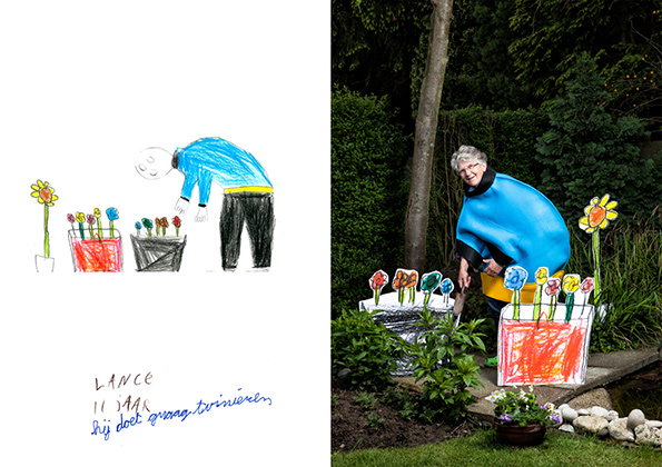 A side-by-side comparison of a child’s drawing and a photograph. On the left, a simple illustration shows a person in a blue top and black trousers tending to potted flowers. On the right, a person wears a large, rounded blue costume to recreate the drawing in a garden.