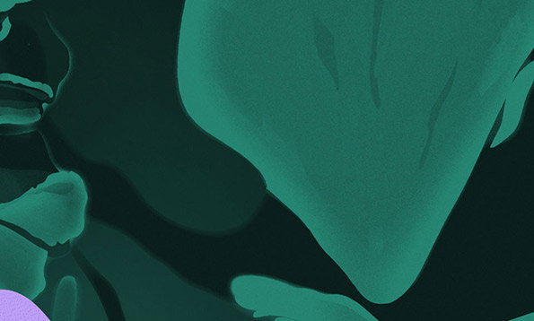 An abstract illustration in shades of deep and bright green. Organic, fluid shapes overlap and curve across a dark background.