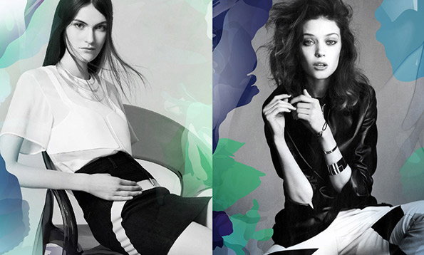 Two black and white portraits of people are set against a background of abstract, colourful shapes. On the left, a person in a white top and black skirt sits in a chair. On the right, a person in a black leather jacket looks towards the camera.