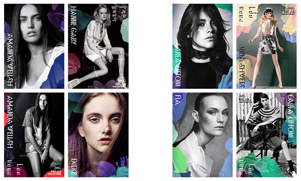 A grid of eight fashion portraits featuring different models. Each image includes the model's name in vertical typography and the “Img Milan” logo.