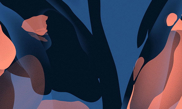 An abstract illustration of flowing, organic shapes in deep blue and coral. The forms overlap and curve across the frame, creating a sense of fluid movement.