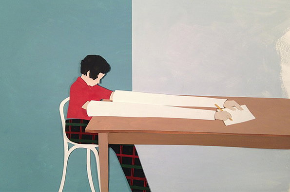 An illustration of a person sitting at a wooden table, wearing a red top and plaid trousers. Their arms are unnaturally long, stretching across the table to write on a piece of paper.
