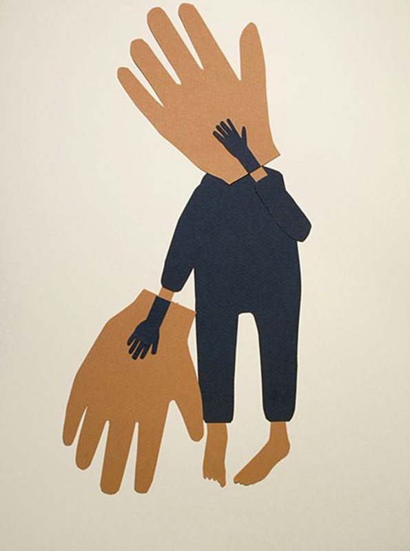 A collage of a dark blue figure standing between two oversized tan hands. One hand looms above the figure’s head, while the other is positioned at their side.