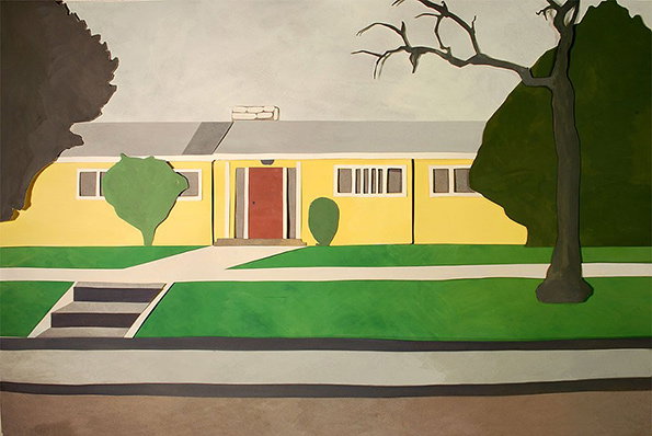 A painting of a single-storey yellow house with a red front door. A flat green lawn and a grey pavement sit in the foreground, framed by a leafless tree and dark green foliage.