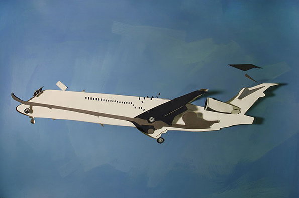 A paper collage of a white aeroplane against a painterly blue background. The plane is constructed from cut shapes of white, grey and black paper.