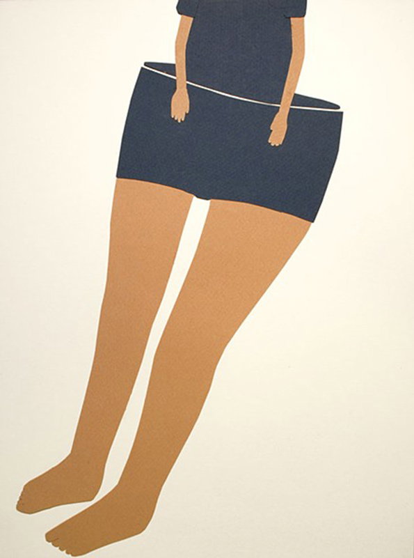 A collage of a person from the chest down, wearing a dark blue dress. Their hands are tucked into a wide, horizontal slit across the waist of the garment.