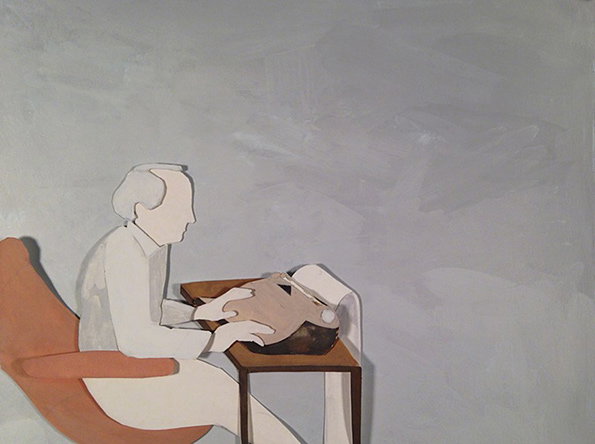 A collage of a person in white clothing sitting in an orange chair. They lean forward at a small brown table, resting their hands on a dark, organic shape.