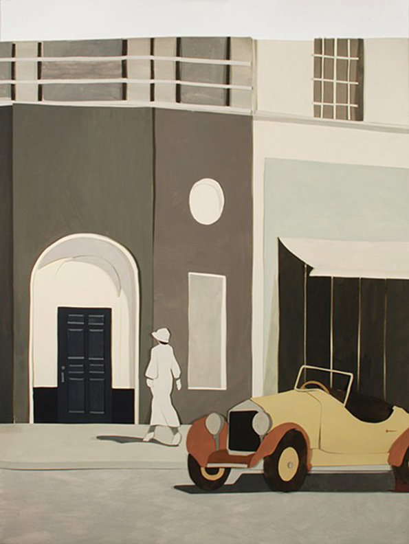 A painting of a person in a long white coat and hat walking towards a dark blue door. A vintage yellow car is parked in the foreground against a backdrop of grey and white buildings.
