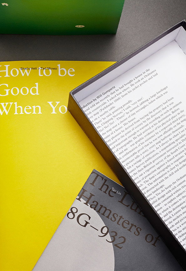 A yellow book cover reads “How to be Good When You”. It is partially overlapped by a grey book titled “The Hamsters of 8G–932” by Tao Lin. An open box beside them contains a printed page of text.