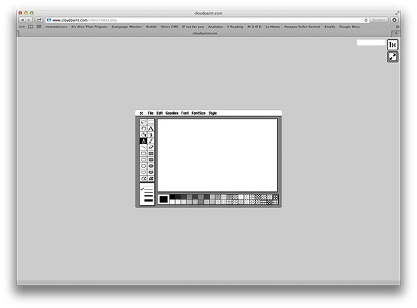 A screenshot of a web browser showing the website “cloudpaint.com”. A small, grey drawing application window sits in the centre of a plain grey screen.