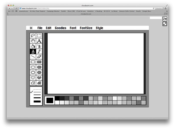 A screenshot of a simple web-based drawing application called “cloudpaint.com”. The interface features a white canvas surrounded by a grey toolbar with basic drawing tools and a colour palette.