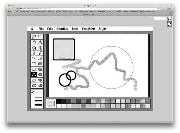 A screenshot of a digital drawing application called “cloudpaint.com” open in a web browser. The canvas contains a simple black and white composition of a square, two overlapping circles and a jagged line.
