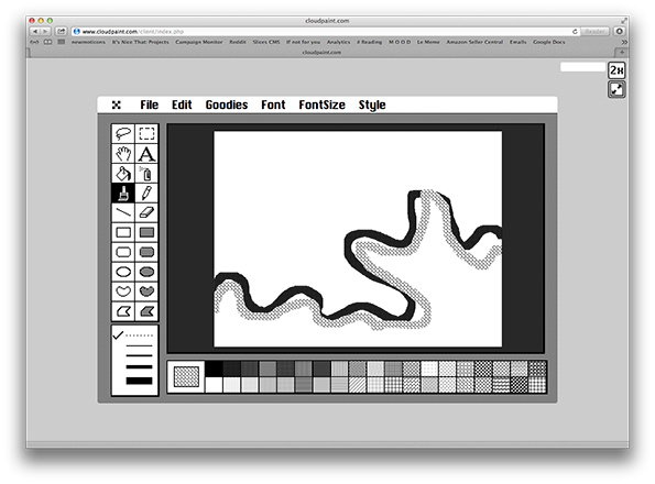 A screenshot of a web browser showing a simple digital drawing tool called “cloudpaint.com”. A black and white canvas displays a thick, wavy line with a dotted pattern underneath.