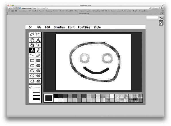 A screenshot of a digital drawing tool called “cloudpaint.com” open in a web browser. A simple smiley face is drawn in black on a white canvas, surrounded by a grey interface of brushes and colour palettes.