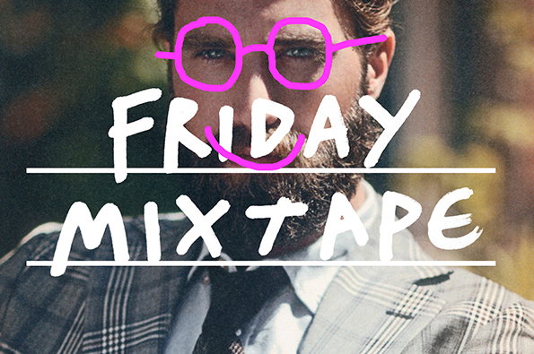 A person with a beard wears a checked blazer and tie. Pink hand-drawn glasses and a smile are scribbled over their face, above the white handwritten text “Friday Mixtape”.