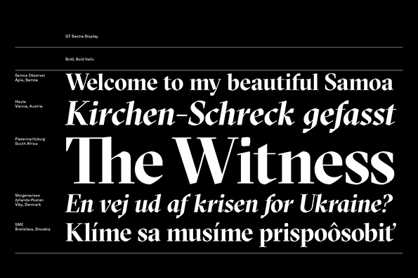 A typographic specimen for the font Gt Sectra Display, featuring white text on a black background. The layout showcases various weights and styles through headlines including “Welcome to my beautiful Samoa” and “The Witness”.