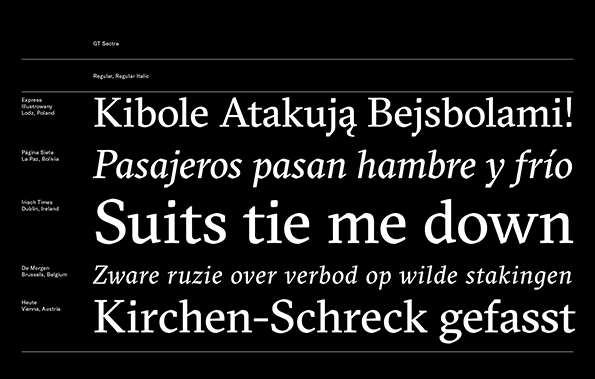 A typographic specimen for the GT Sectra typeface on a black background. Five headlines in different languages are displayed in white, including the English phrase “Suits tie me down”.