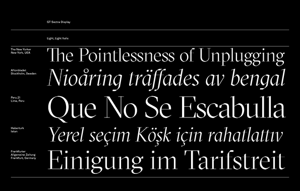 A typographic specimen for the GT Sectra Display typeface. Five lines of text in different languages are shown in light and light italic weights, including the English headline “The Pointlessness of Unplugging”.