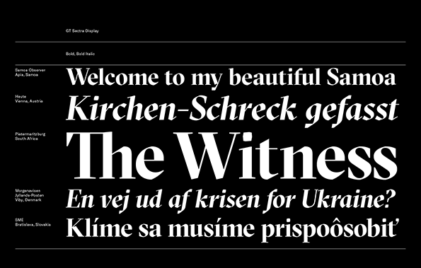 A typography specimen for the GT Sectra Display typeface. White text on a black background shows five headlines in different languages, including “Welcome to my beautiful Samoa” and “The Witness”.