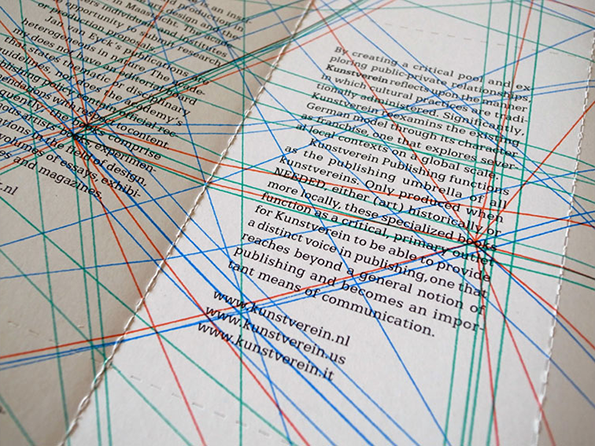 A close-up of printed text on white paper, overlaid with a dense web of intersecting red, blue and green lines. The text includes the website addresses “www.kunstverein.nl”, “www.kunstverein.us” and “www.kunstverein.it”.