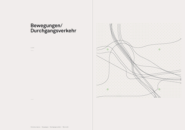 An open book with a minimalist layout. The left page features the bold heading “Bewegungen/ Durchgangsverkehr”, while the right page shows a technical diagram of intersecting curved lines on a dotted grid.