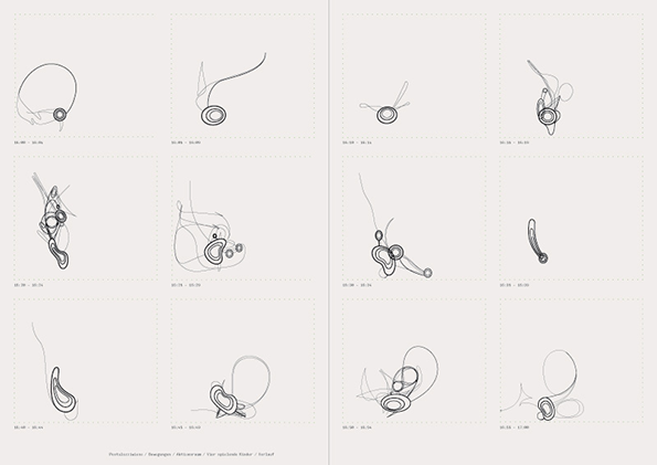 A grid of 12 minimalist line drawings on a pale background. Each sketch shows a different abstract, organic form composed of swirling, concentric loops.
