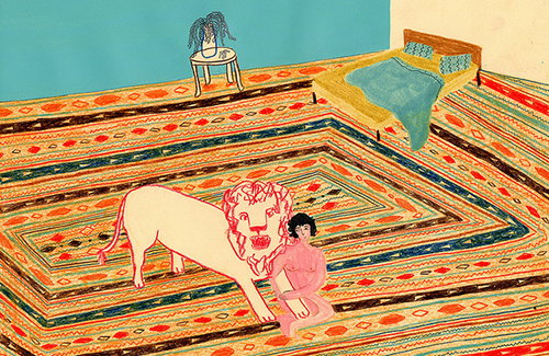 Maria Luque’s drawings of naked people hanging out with a grumpy lion