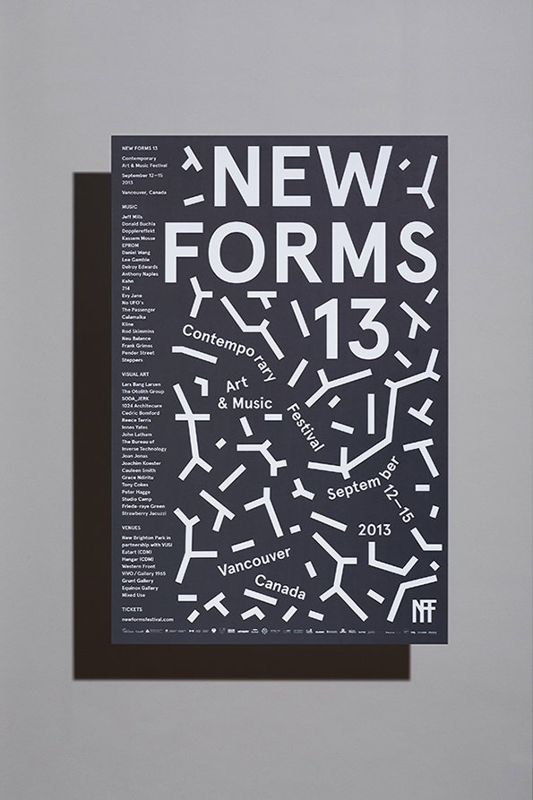 A typographic poster for the “New Forms 13” contemporary art and music festival. Bold white lettering on a dark grey background is arranged in a circular layout, including the dates “September 12–15 2013” and the location “Vancouver Canada”.