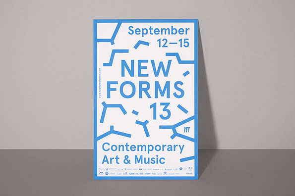 A blue and white poster reads “NEW FORMS 13” in bold lettering. It lists the dates “September 12–15” and the description “Contemporary Art & Music”.
