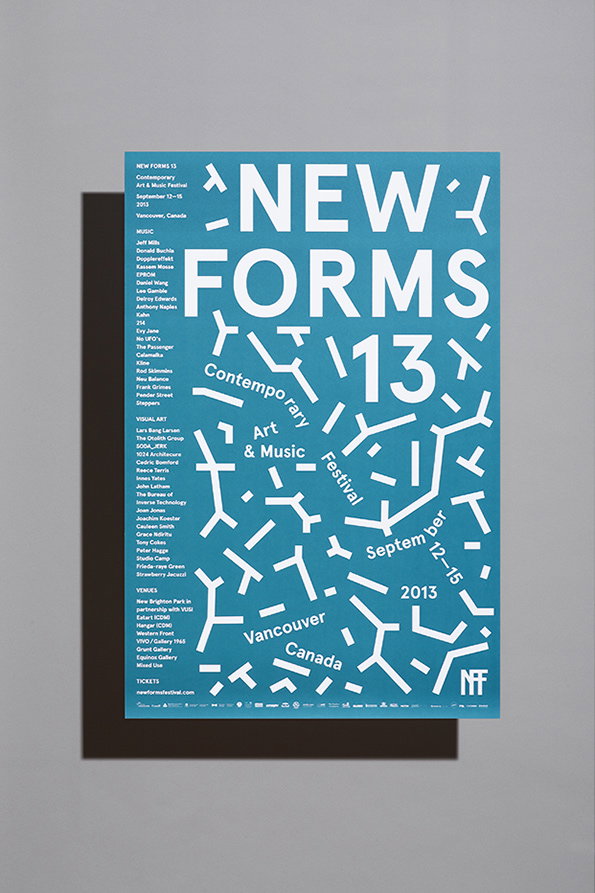 A blue typographic poster for “New Forms 13”, a contemporary art and music festival. The title and the number “13” are set in large white lettering, surrounded by abstract geometric shapes. The poster lists the dates “September 12–15 2013” and the location “Vancouver Canada”. A detailed line-up of music and visual artists is printed in a column on the left.