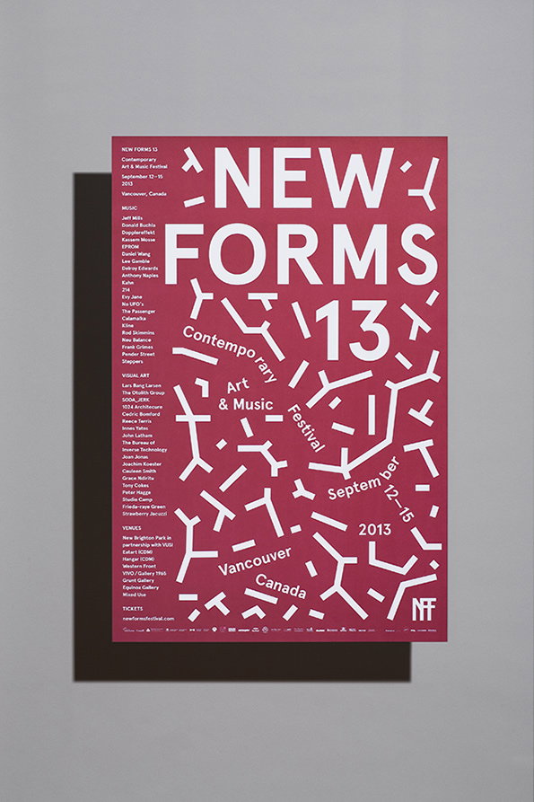 A red and white typographic poster for “New Forms 13”. The title is set in a bold, sans-serif font, surrounded by abstract white lines and geometric shapes. Smaller text lists the event as a “Contemporary Art & Music Festival” taking place in “Vancouver, Canada” from “September 12–15 2013”. A detailed line-up of musicians, visual artists and venues is listed on the left.