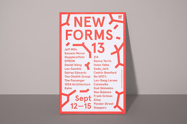 A red and white poster reads “NEW FORMS 13” in bold, blocky lettering. A list of performers and collaborators is split across two columns, with the dates “Sept 12–15” at the bottom.